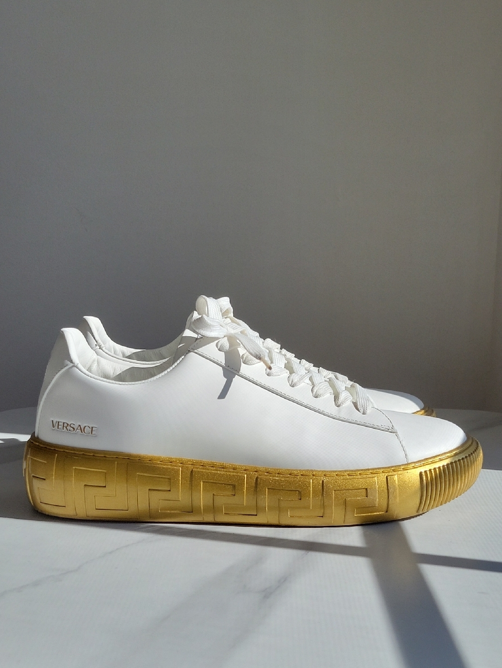 Versace White Leather Sneakers with Metallic Gold Platform Sole